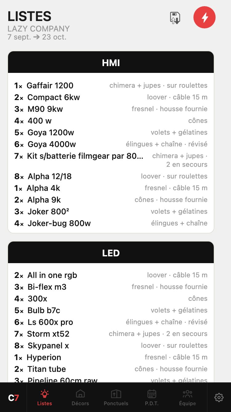 Listes lumière